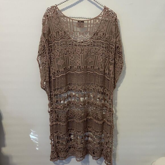 Bobeau Shirt Womens 3X Taupe Crochet Lace Sheer Tunic Cover Up Beach Boho Kimono - Picture 11 of 12